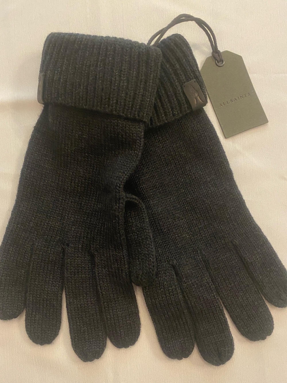 All Saints Black Ribbed Cuff Knit Unisex Gloves charcoal black New